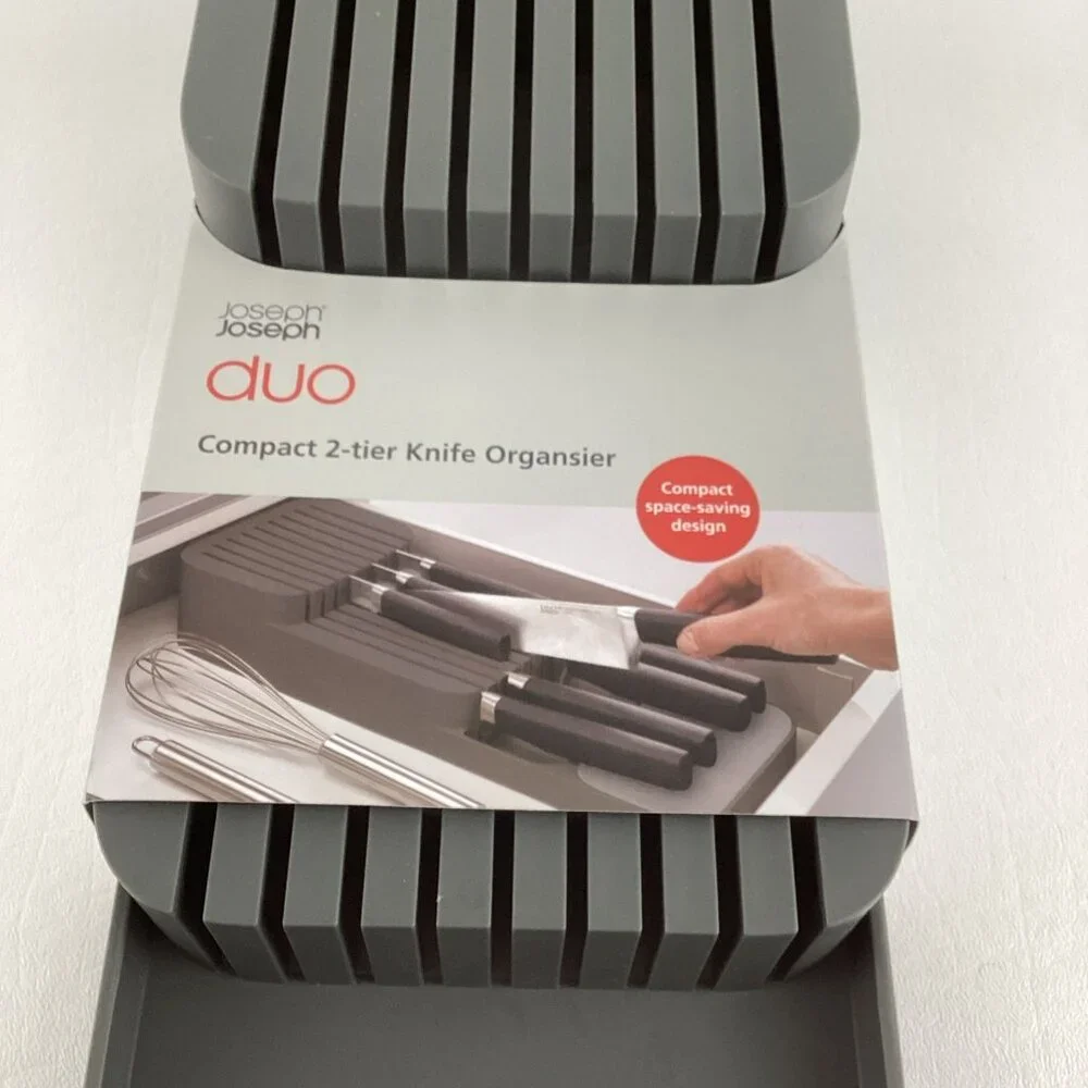 Joseph Joseph Duo Compact 2 Tier Knife Organizer Grey Space Saving Holder New